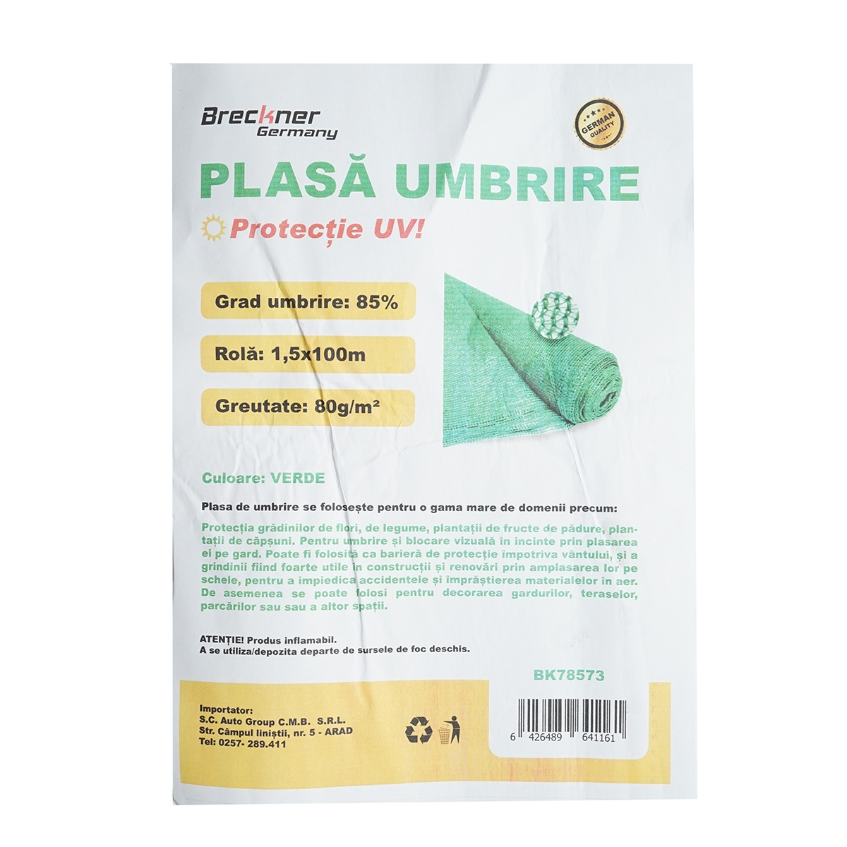 Plasa umbrire 85% latime 1.5M si lungime 100M verde din polietilena cu protectie UV, Cod: BK78573, Brand: BRECKNER GERMANY - 1 | YEO