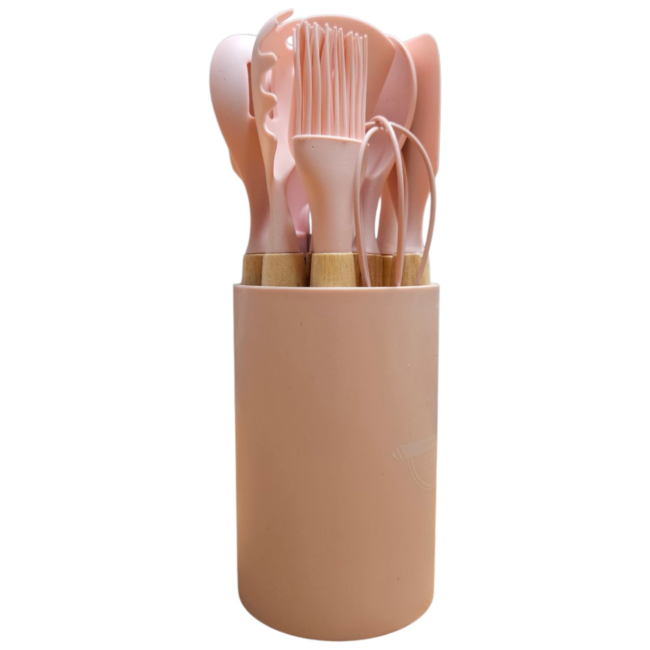 Set 12 ustensile de bucătărie din silicon – mânere din lemn de fag, ideale pentru tigăi antiaderente - Roz