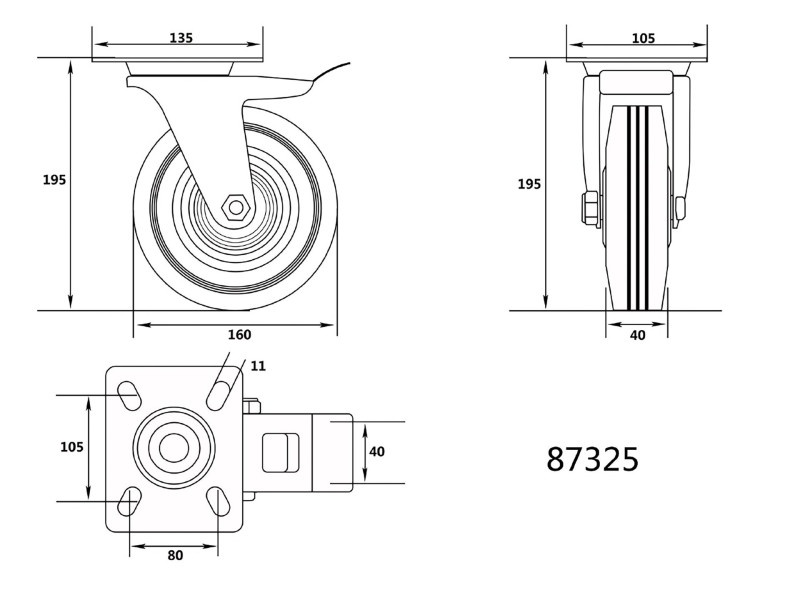 VOREL Roată industrială cu frână pivotantă 160 mm 130 kg - 1 | YEO