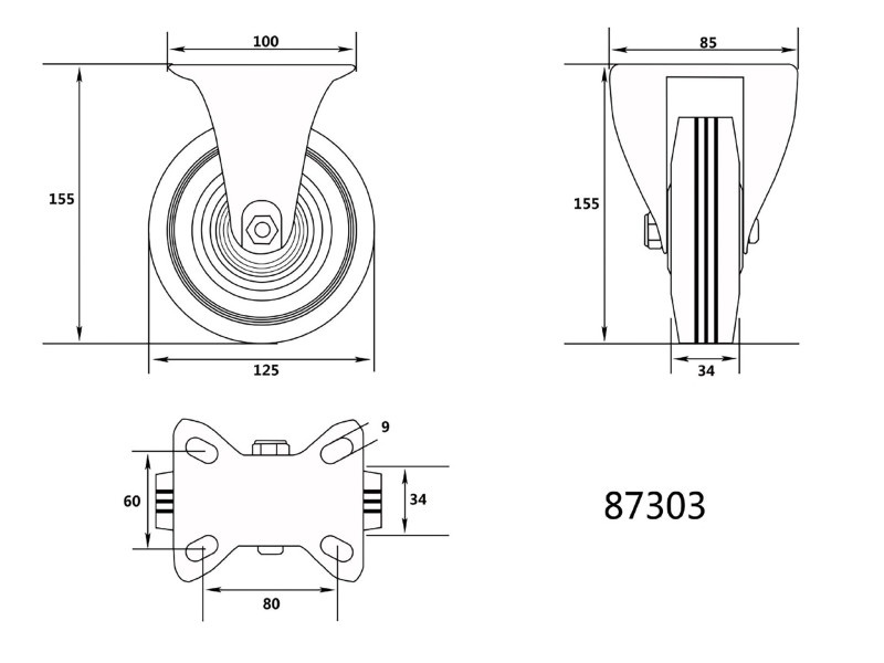 VOREL Roată industrială Furcă fixă 125 mm 100 kg - 1 | YEO