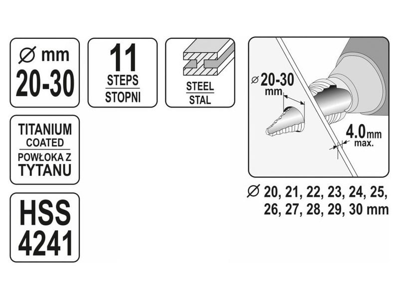 YATO Burghiu cu trepte 20-30 mm 11 trepte HSS titan-nitrură
