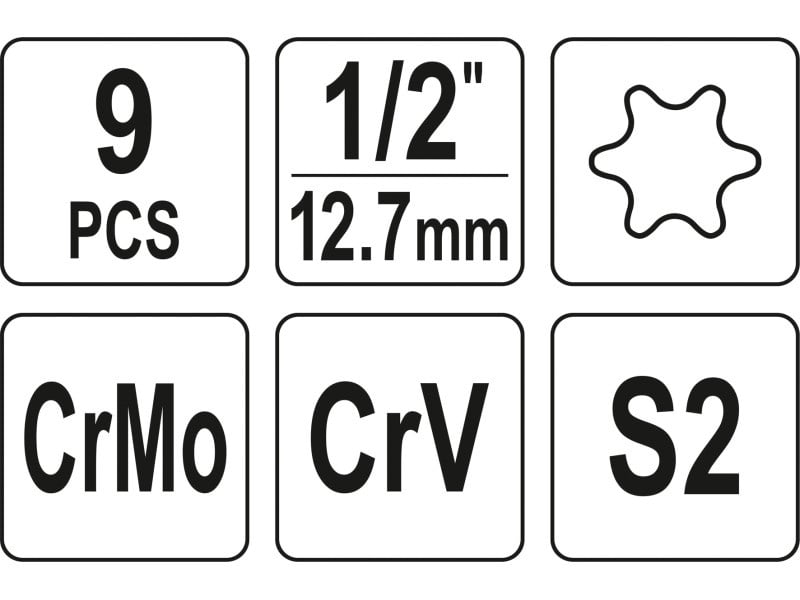 YATO Machine torx bit set 9 piese 1/2" T30-T70 cu adaptor soclu - 3 | YEO