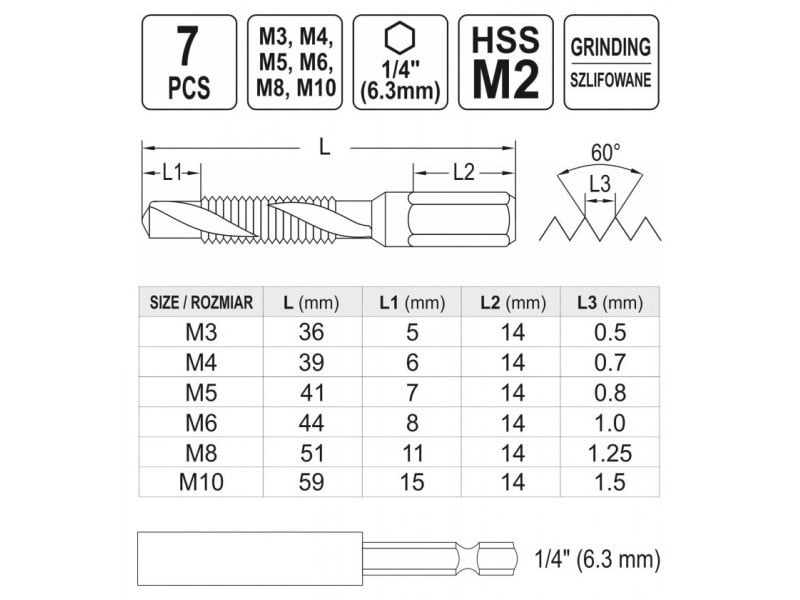 YATO Set combinat de burghie 7 piese (M3-M4-M5-M6-M8-M10)