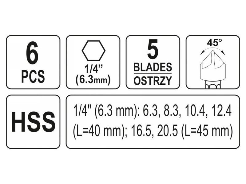 YATO Set frezare conică pentru metal 6 piese (6,3-8,3-10,4-12,4-16,5-20,5 mm) suport de biți HSS