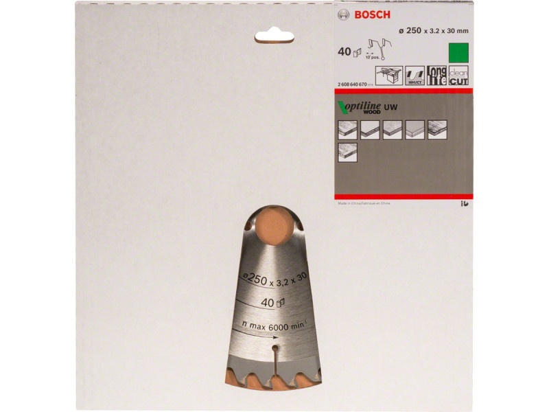 BOSCH Lamă de ferăstrău pentru lemn 250 x 30 x 3,2 mm / 40T Optiline Wood ATB / UW - 1 | YEO