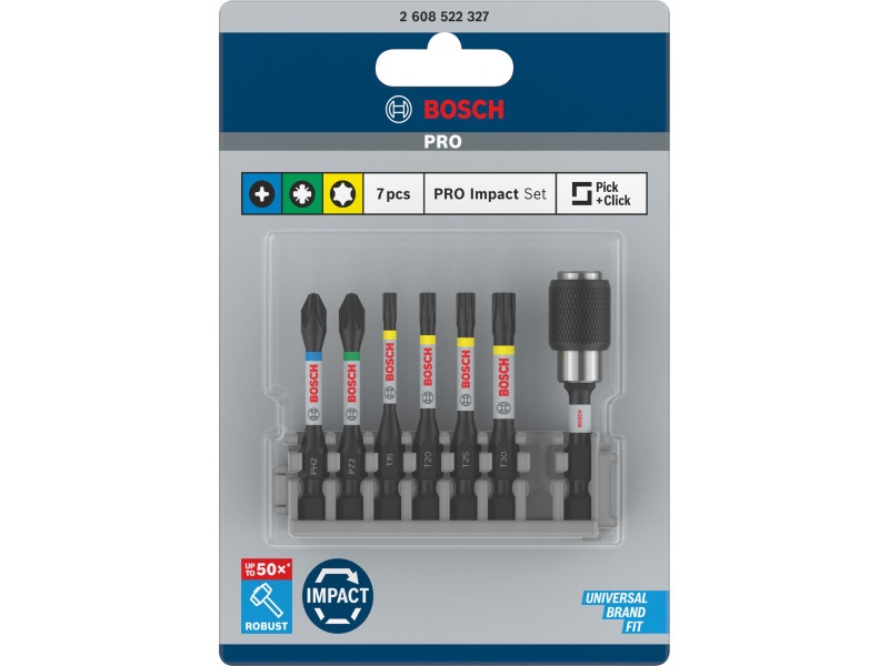 BOSCH PRO set vârf de biți 7 r. 50 mm + suport (PH2, PZ2, T15, T20, T25, T30) Pick & Click - 1 | YEO