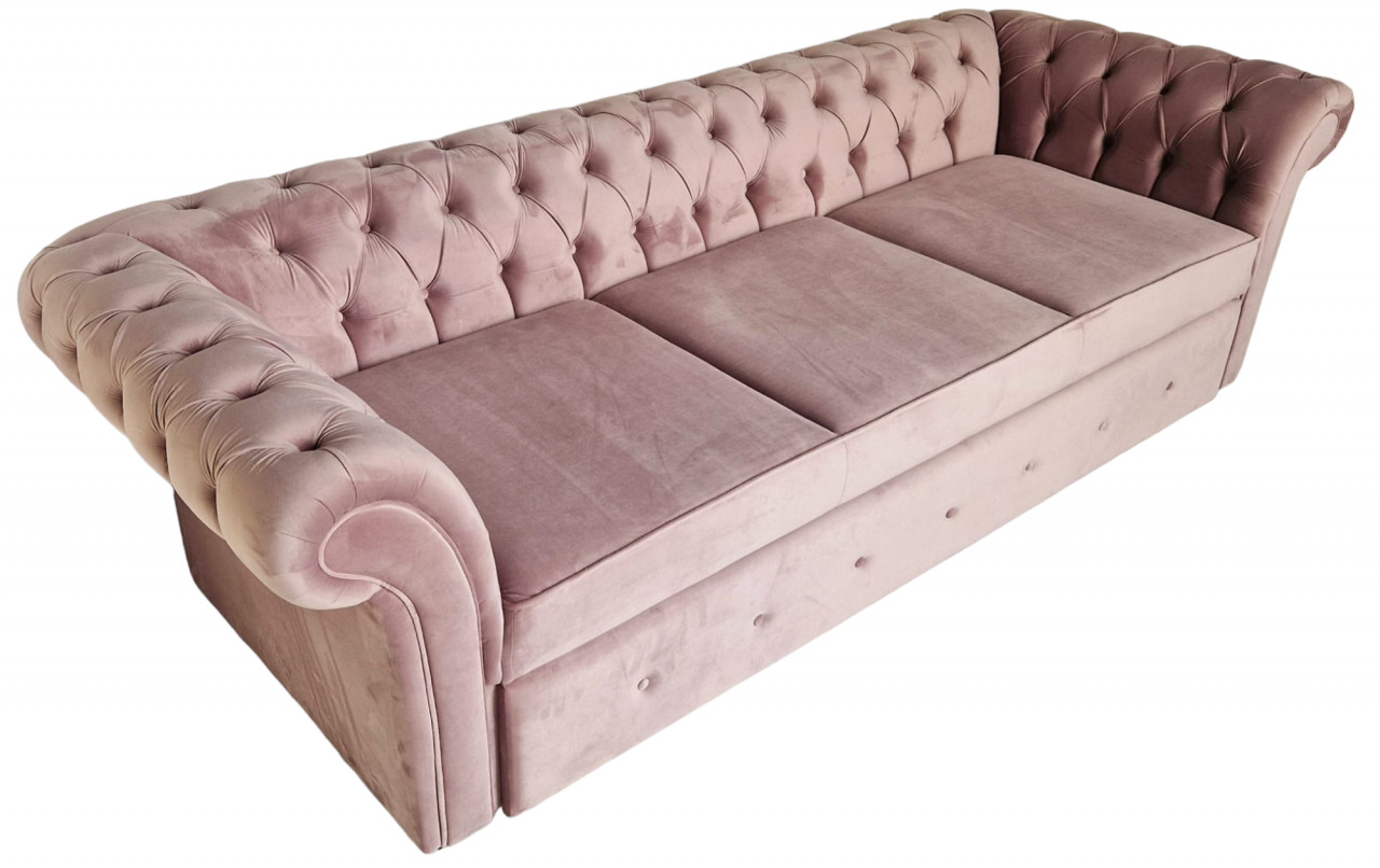 Canapea Extensibila Chesterfield, 250x100x75cm, 3 locuri, Velutto 14 Flamingo, Glasspandoor