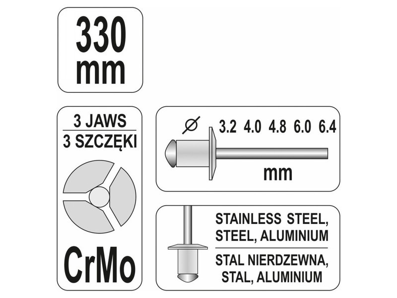 Clește pentru nituri pop YATO cu fălci din CrMo 330 mm (3,2-6,4 mm)