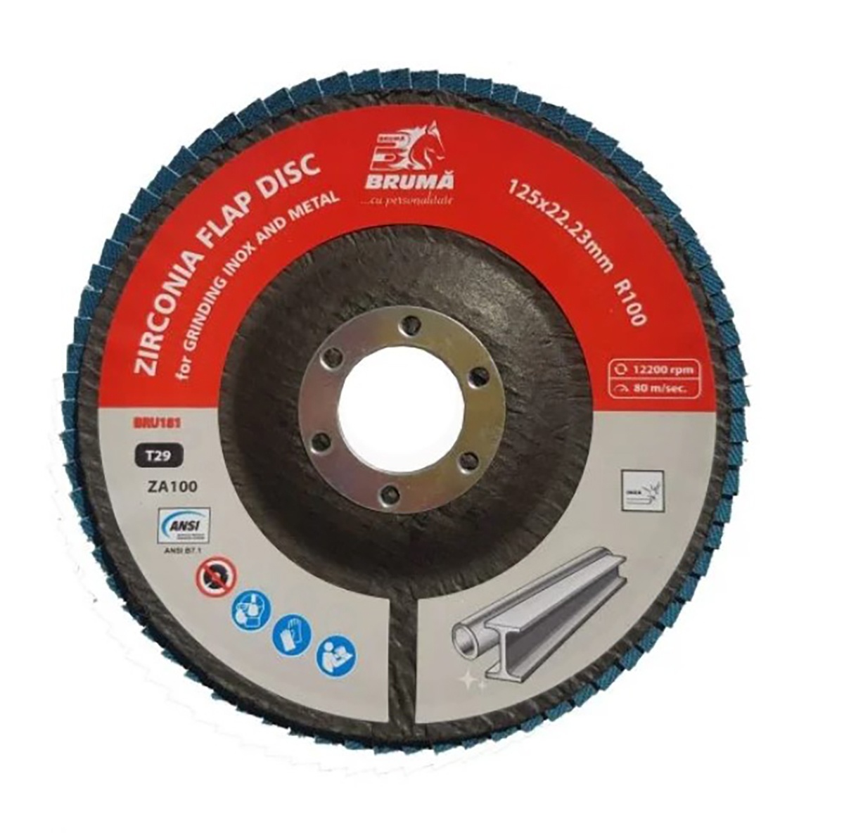 Disc lamelar abraziv cu zirconiu T29 R100, 125x22.23mm pentru slefuire/polizare metal si inox, Cod: BRU181