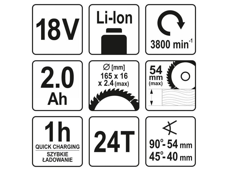 Ferăstrău circular fără fir YATO 165 mm 18 V Li-Ion (1 x baterie 2.0 Ah + încărcător) - 3 | YEO