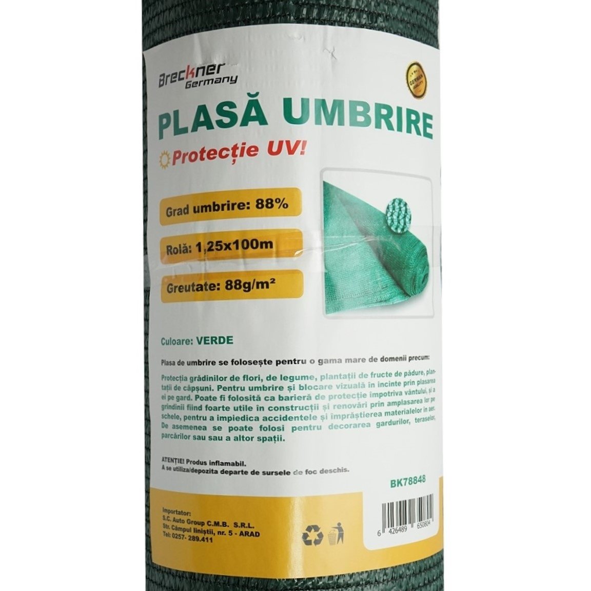 Plasa umbrire 88% latime 1.25M si lungime 100M verde din polietilena cu protectie UV, Cod: BK78848, Brand: BRECKNER GERMANY - 2 | YEO