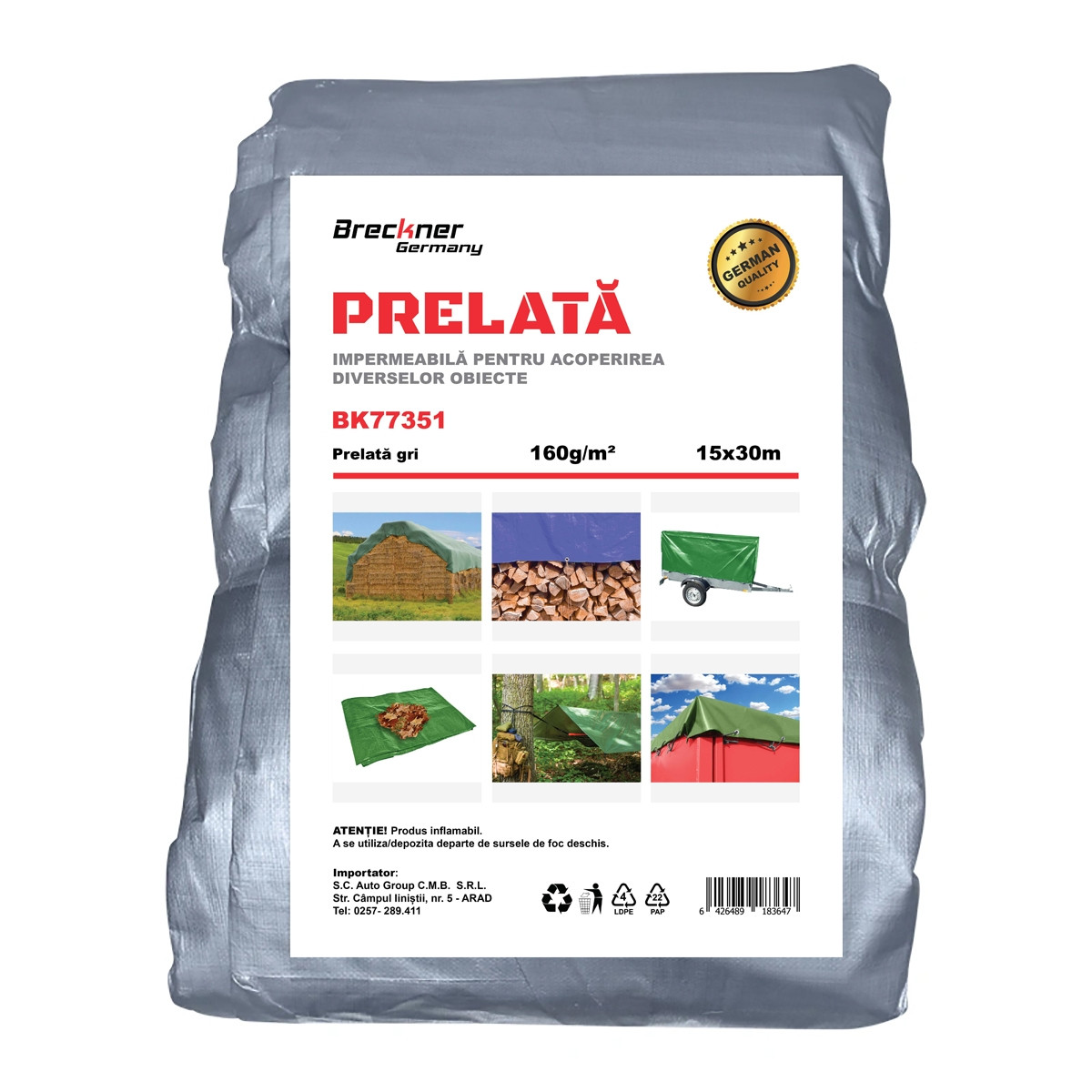 Prelata cu ochiuri de prindere 160g/m2 gri 15x30m, Cod: BK77351, Echivalență: DISEM96, Breckner Germany