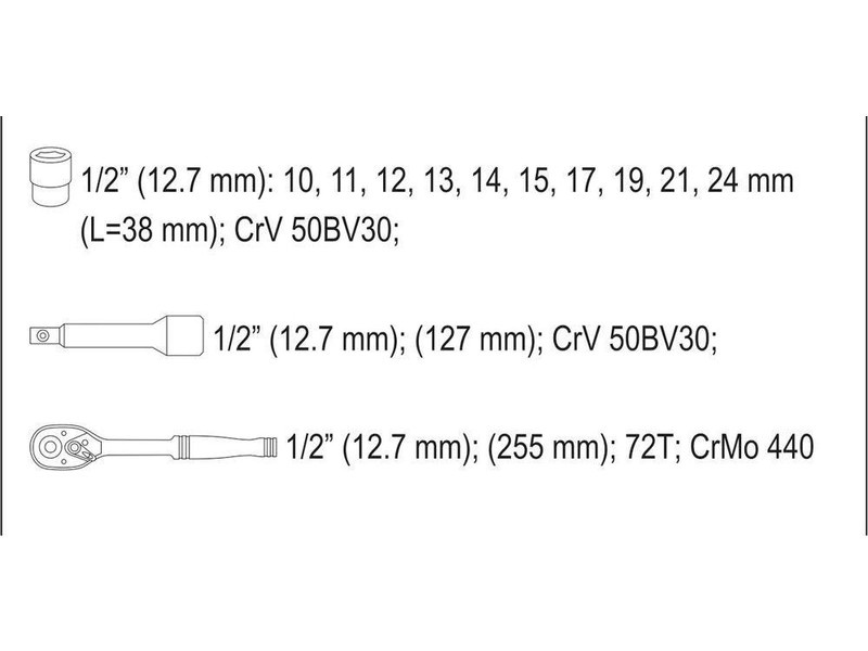 Set de prize YATO 12 piese 1/2" 10-24 mm CrV - 1 | YEO