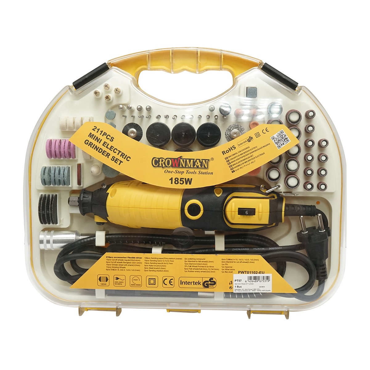 Set trusa mini freza 185W, 220V tip biax, 9 trepte viteza 8000-35000rpm 211 piese, Cod: DISPT57, Marca: CROWNMAN - 1 | YEO