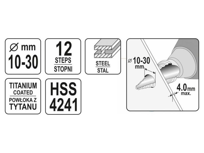 YATO Burghiu cu trepte 10-30 mm 12 trepte HSS titan-nitrură - 3 | YEO