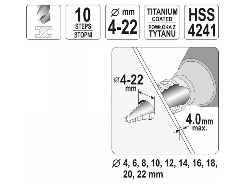 YATO Burghiu cu trepte 4-22 mm 10 trepte HSS titan-nitrură