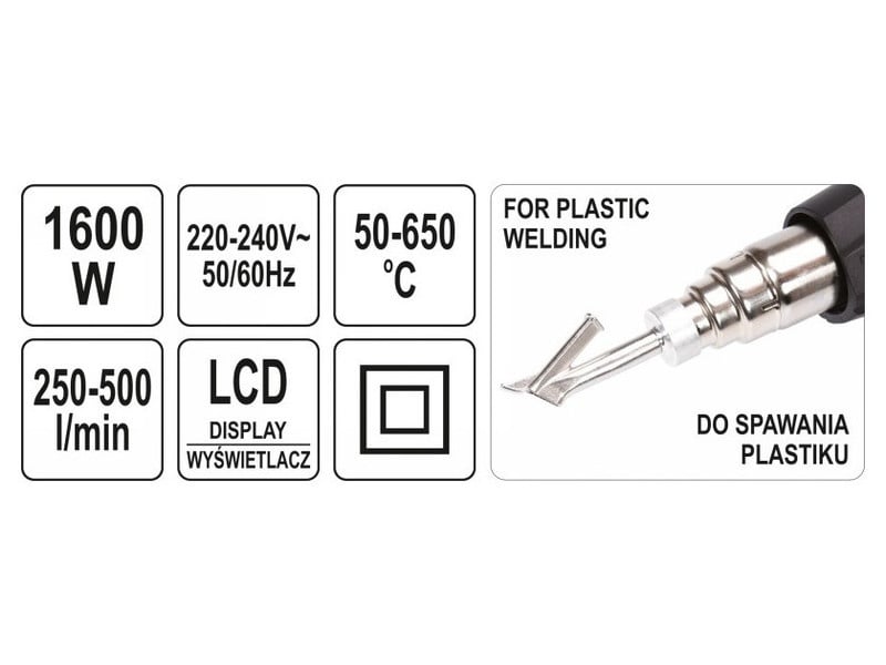 YATO Pistol de încălzire cu accesorii Afișaj LCD 50 - 650 °C 1600 W