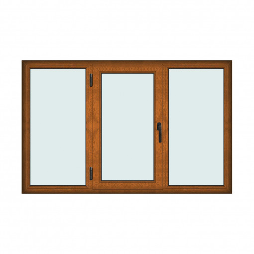 Fereastra 205x130cm, 3 canate, maro, stejar auriu, stanga si rabatare, Klass, 7cm, 6 camere, 2 garnituri