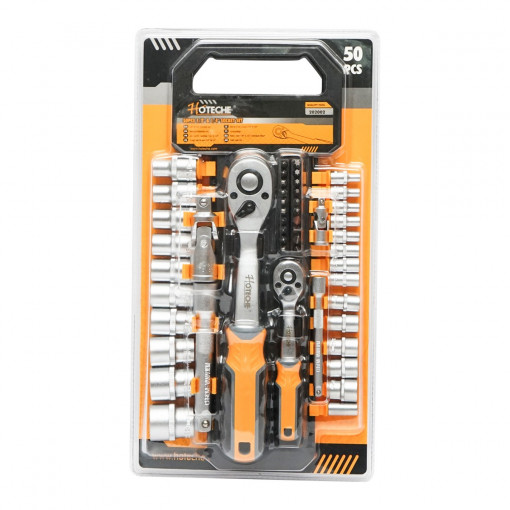 Set clicheti, 1/4 si 1/2, cu prelungitoare, articulatii cardanice, 20 de biti si 20 chei tubulare, 50 piese, Cod: BK92568 Echivalență: DISFP76, Hoteche