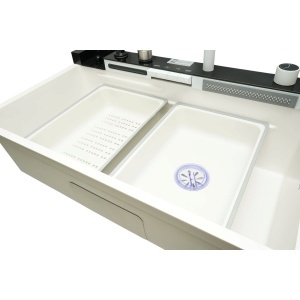 Chiuveta bucatarie multifunctionala din otel inoxidabil alb mat PVD cu doua baterii, afisaj digital temperatura, doua cascade, dozator detergent, spalator pahare, scurgator, tava, tocator si accesorii incluse 75x46x22cm, DISVM74 - Img 10