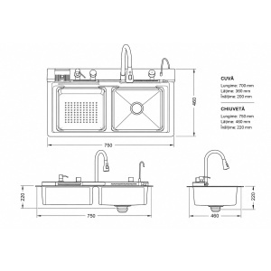 Chiuveta bucatarie multifunctionala din otel inoxidabil auriu PVD cu doua baterii, afisaj digital temperatura, doua cascade, dozator detergent, spalator pahare, scurgator, tava, tocator si accesorii incluse 75x46x22cm, DISVM34 - Img 3