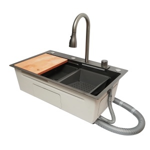 Chiuveta bucatarie multifunctionala din otel inoxidabil cu functie cascada, scurgator, tava, tocator si accesorii incluse, dimensiune 75x46x22cm, DISPK34 - Img 5