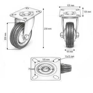 Roata pivotanta industriala 200x44mm fara frana, cauciuc plin negru, placa otel 135x105mm 140kg, DISVF59 - Img 3