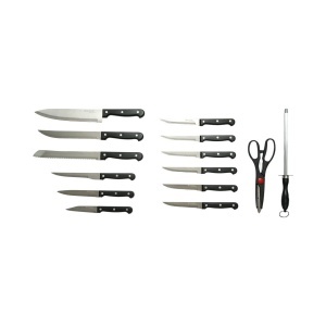 Set cutite bucatarie 15 piese cu suport lemn, foarfeca si pila ascutit, lama otel 3Cr13, maner ABS negru Breckner Germany, AAA384 - Img 2