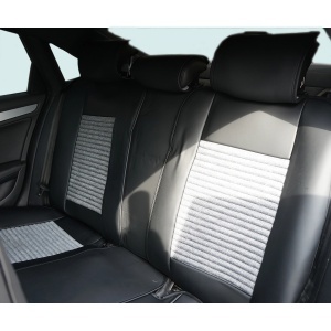 Set huse scaune auto Premium Negru-Gri universale, design sport ergonomic, piele ecologica cu insertii textile, fata + spate 11 piese, DISVG59 - Img 7