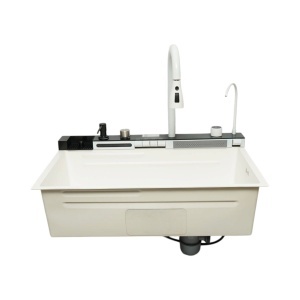 Chiuveta bucatarie multifunctionala din otel inoxidabil alb mat PVD cu doua baterii, afisaj digital temperatura, doua cascade, dozator detergent, spalator pahare, scurgator, tava, tocator si accesorii incluse 75x46x22cm, DISVM74 - Img 7
