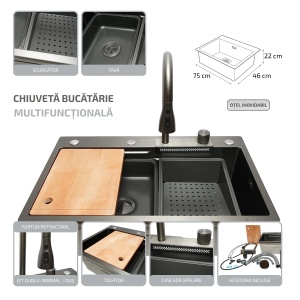 Chiuveta bucatarie multifunctionala din otel inoxidabil cu functie cascada, scurgator, tava, tocator si accesorii incluse, dimensiune 75x46x22cm, DISPK34 - Img 2