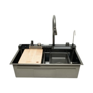 Chiuveta bucatarie multifunctionala din otel inoxidabil grafit mat PVD cu doua baterii, afisaj digital temperatura, doua cascade, dozator detergent, spalator pahare, scurgator, tava, tocator si accesorii incluse 75x46x22cm, DISVM35