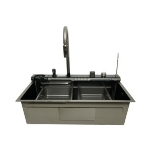 Chiuveta bucatarie multifunctionala din otel inoxidabil grafit mat PVD cu doua baterii, afisaj digital temperatura, doua cascade, dozator detergent, spalator pahare, scurgator, tava, tocator si accesorii incluse 75x46x22cm, DISVM36 - Img 7