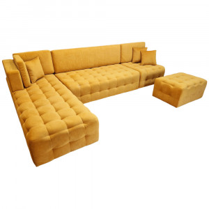 Colțar Fix Bologna, 320x200x75cm, 7 locuri, Luna V-08 Orange , în formă de "L", stanga, cu taburete mare inclus, Glasspandoor - Img 2