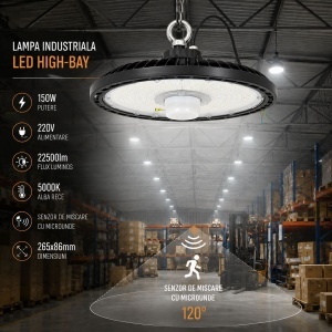 Lampa industriala LED High-Bay 150W, 220V, 5000K, 22500lm, senzor de miscare cu microunde pentru hale, depozite 265x86mm Breckner Germany, AAA633 - Img 4