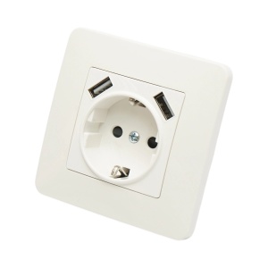 Priza schuko alba incastrata 220V, 16A, 2xUSB 5V 2.1A, PC 80x80mm, DISRP51