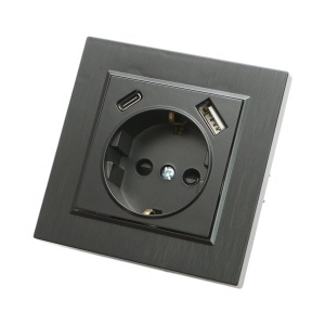 Priza schuko neagra incastrata 220V, 16A, 2xUSB A+C 5V 2.1A, ABS 80x80mm, DISRP40
