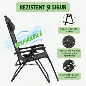 Scaun relaxare pliabil zero gravity tip sezlong negru cu suport pahar si tava, tetiera detasabila, structura otel, BK99242 - Img 10