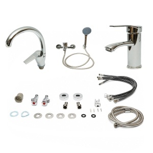 Set baterii baie si bucatarie 3 in 1, baterie cada cu para dus si furtun, baterie lavoar, baterie chiuveta bucatarie, monocomanda, crom lucios, aliaj zinc, furtunuri incluse, DISVM26