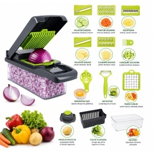 Tocator de legume multifunctional 12 in 1 manual, 8 lame inox interschimbabile, taietor legume, feliator, razatoare, decojitor, separator oua, recipient colectare, AAA346 - Img 1