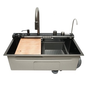 Chiuveta bucatarie multifunctionala din otel inoxidabil cu doua baterii, afisaj digital temperatura, doua cascade, spalator pahare, scurgator, tava, tocator si accesorii incluse, dimensiune 75x46x22cm, DISPK35