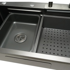 Chiuveta bucatarie multifunctionala din otel inoxidabil cu functie cascada, scurgator, tava, tocator si accesorii incluse, dimensiune 75x46x22cm, DISPK34 - Img 9