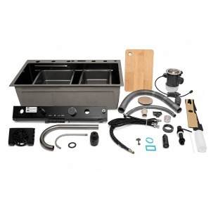 Chiuveta bucatarie multifunctionala din otel inoxidabil grafit mat PVD cu doua baterii, afisaj digital temperatura, doua cascade, dozator detergent, spalator pahare, scurgator, tava, tocator si accesorii incluse 75x46x22cm, DISVM36 - Img 4
