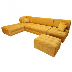 Colțar Fix Bologna, 320x200x75cm, 7 locuri, Luna V-08 Orange , în formă de "L", stanga, cu taburete mare inclus, Glasspandoor - Img 3