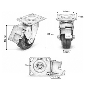 Roata pivotanta industriala 150x50mm cu frana, cauciuc plin negru, placa otel 115x100mm 200kg, DISVG30 - Img 3