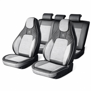 Set huse scaune auto Premium Negru-Gri universale, design sport ergonomic, piele ecologica cu insertii textile, fata + spate 11 piese, DISVG59