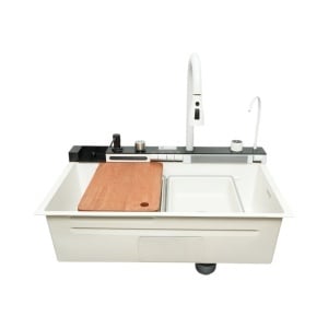 Chiuveta bucatarie multifunctionala din otel inoxidabil alb mat PVD cu doua baterii, afisaj digital temperatura, doua cascade, dozator detergent, spalator pahare, scurgator, tava, tocator si accesorii incluse 75x46x22cm, DISVM74
