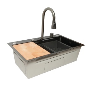 Chiuveta bucatarie multifunctionala din otel inoxidabil cu functie cascada, scurgator, tava, tocator si accesorii incluse, dimensiune 75x46x22cm, DISPK34 - Img 6