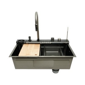 Chiuveta bucatarie multifunctionala din otel inoxidabil grafit mat PVD cu doua baterii, afisaj digital temperatura, doua cascade, dozator detergent, spalator pahare, scurgator, tava, tocator si accesorii incluse 75x46x22cm, DISVM36