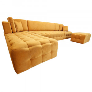 Colțar Fix Bologna, 320x200x75cm, 7 locuri, Luna V-08 Orange , în formă de "L", stanga, cu taburete mare inclus, Glasspandoor - Img 4